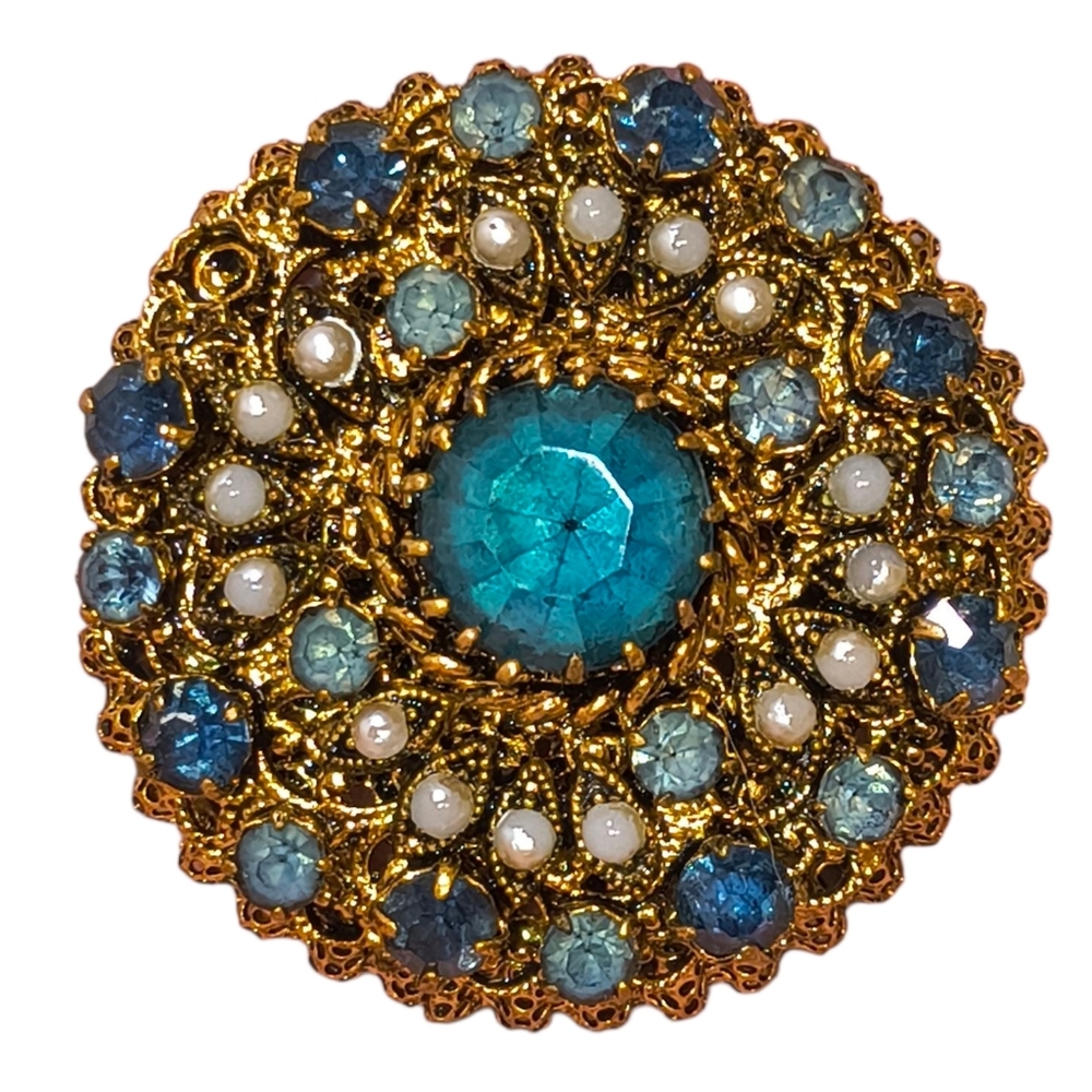 Vintage Gold Tone Filigree Brooch with Blue Stones & Faux Pearls